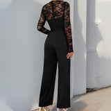 Elegant Lace Long Sleeve Jumpsuit for Women, Belted High Waist Wide Leg Formal Romper, Evening Party Wedding Guest Outfit