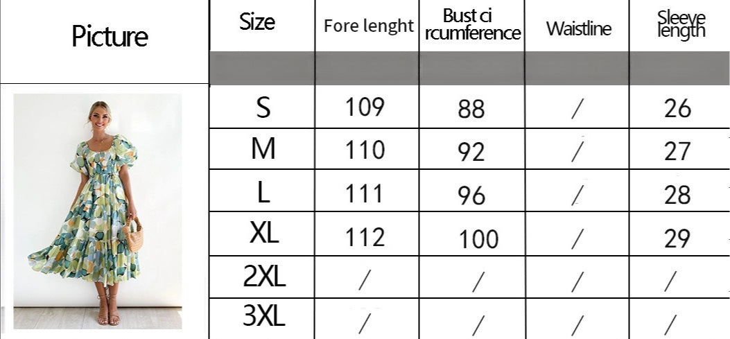Women Bubble Sleeve Holiday Skinny Long Dress High Waist Shoulder Print Dress