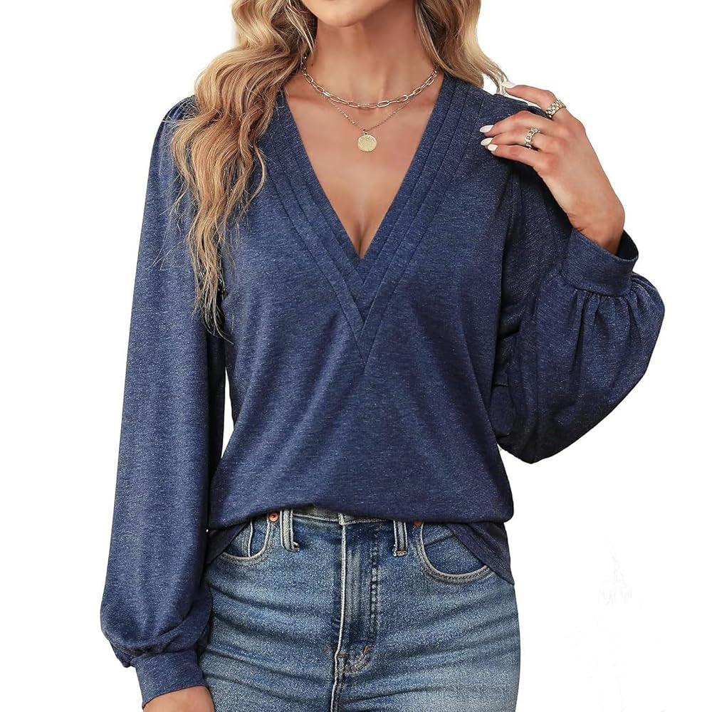 Women's Feminine Knit Deep V-Neck Long Sleeve Blouses - Puff Lantern Sleeves, Pleated Front, Basic Comfy Stretchy Solid Color Loose Fit Casual Shirts for Daily Wear