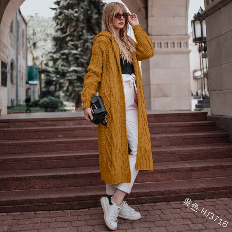 Women Solid Hooded Long Cardigan Sweater Twist Knitted Sweater