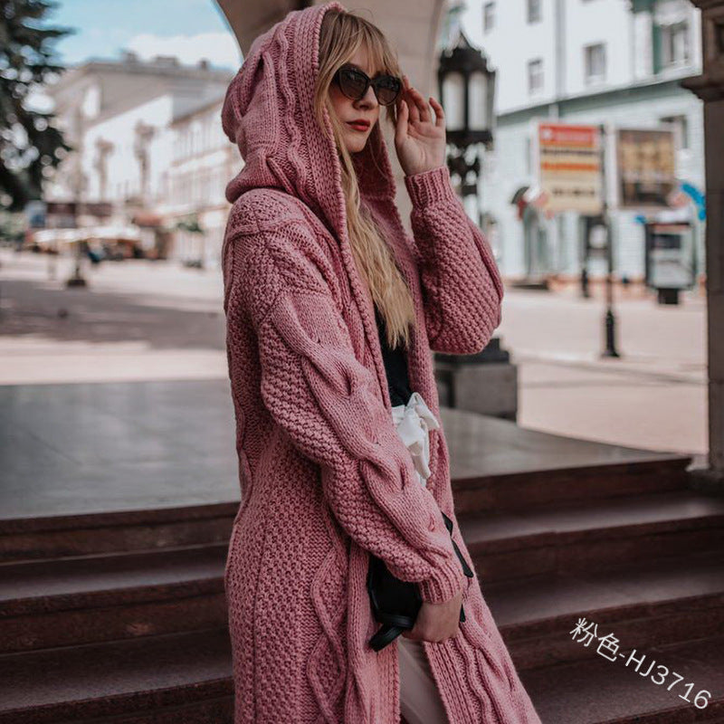 Women Solid Hooded Long Cardigan Sweater Twist Knitted Sweater