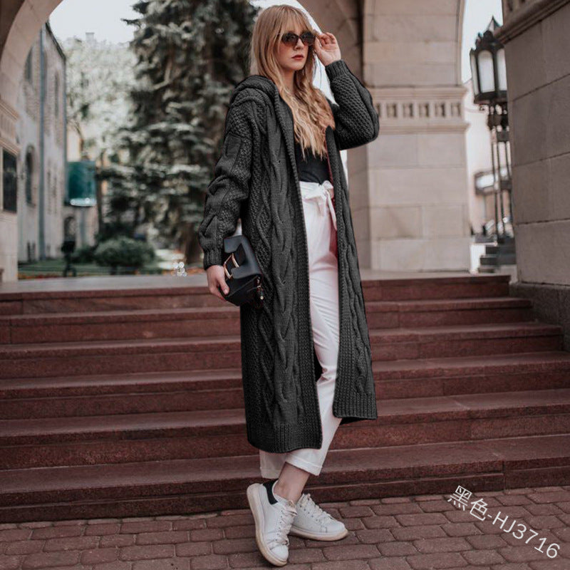 Women Solid Hooded Long Cardigan Sweater Twist Knitted Sweater