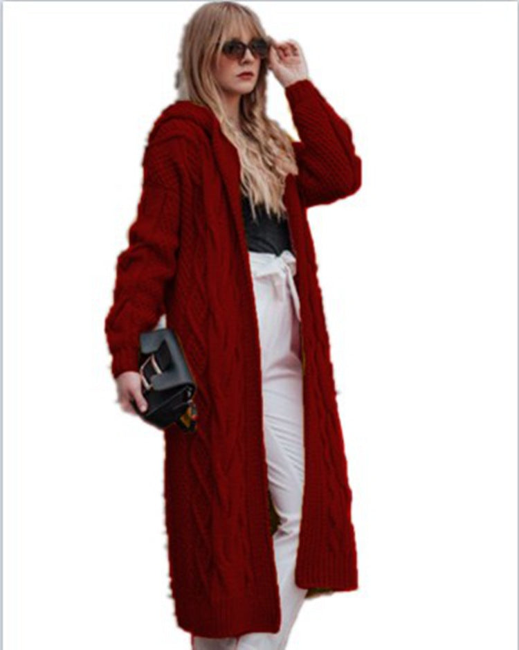 Women Solid Hooded Long Cardigan Sweater Twist Knitted Sweater