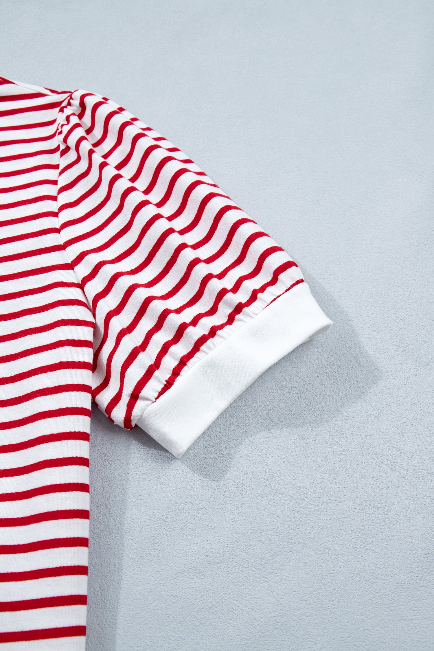 Red Stripe Contrast Trim Round Neck Short Puff Sleeve T Shirt