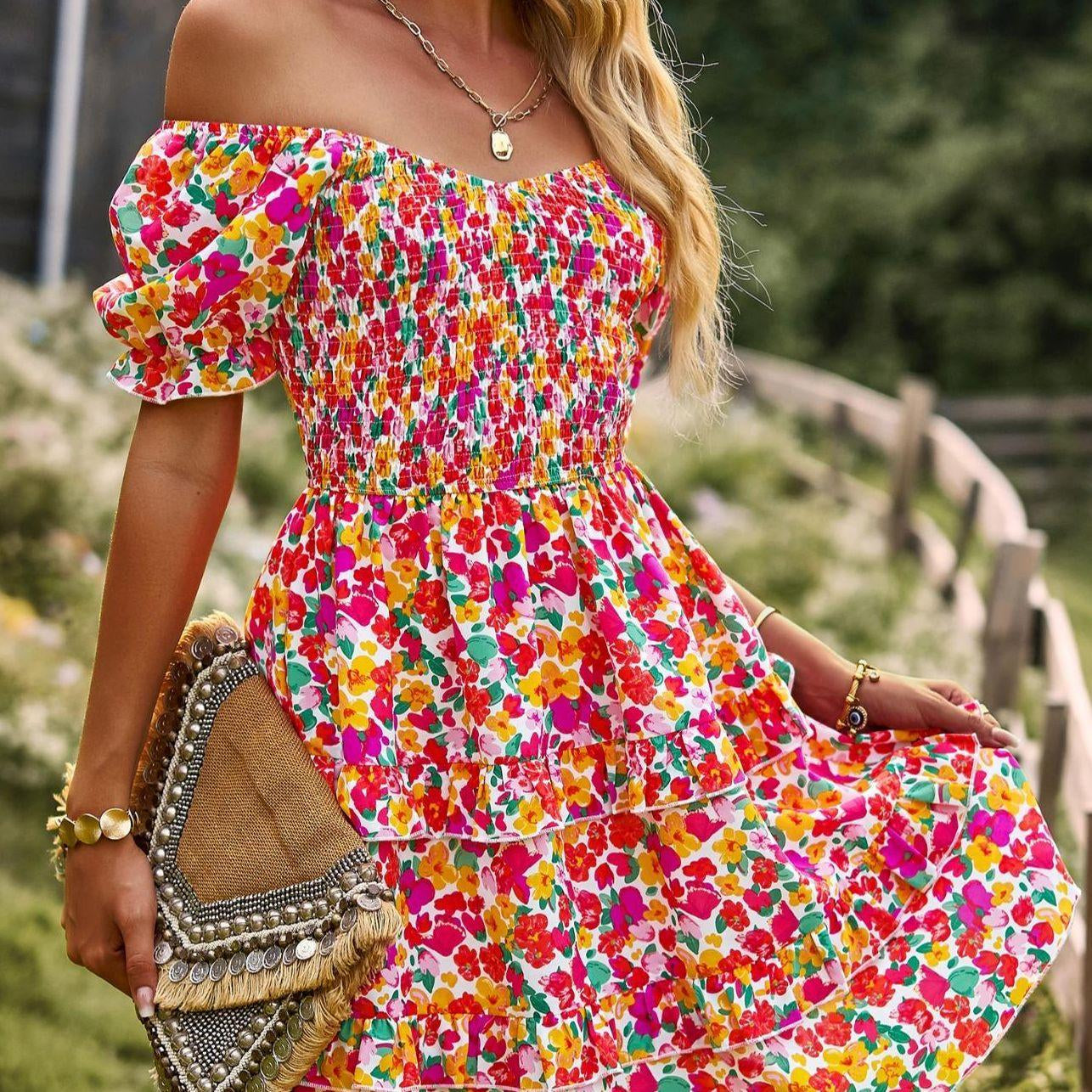Women’s Comfortable Elegant Off-The-Shoulder Scoop Neck A-Line Mini Dress - Short Puff Sleeves, Ruffle Details, Ditsy Floral Print, Bohemian Pull-On Style for Vacations, Beach