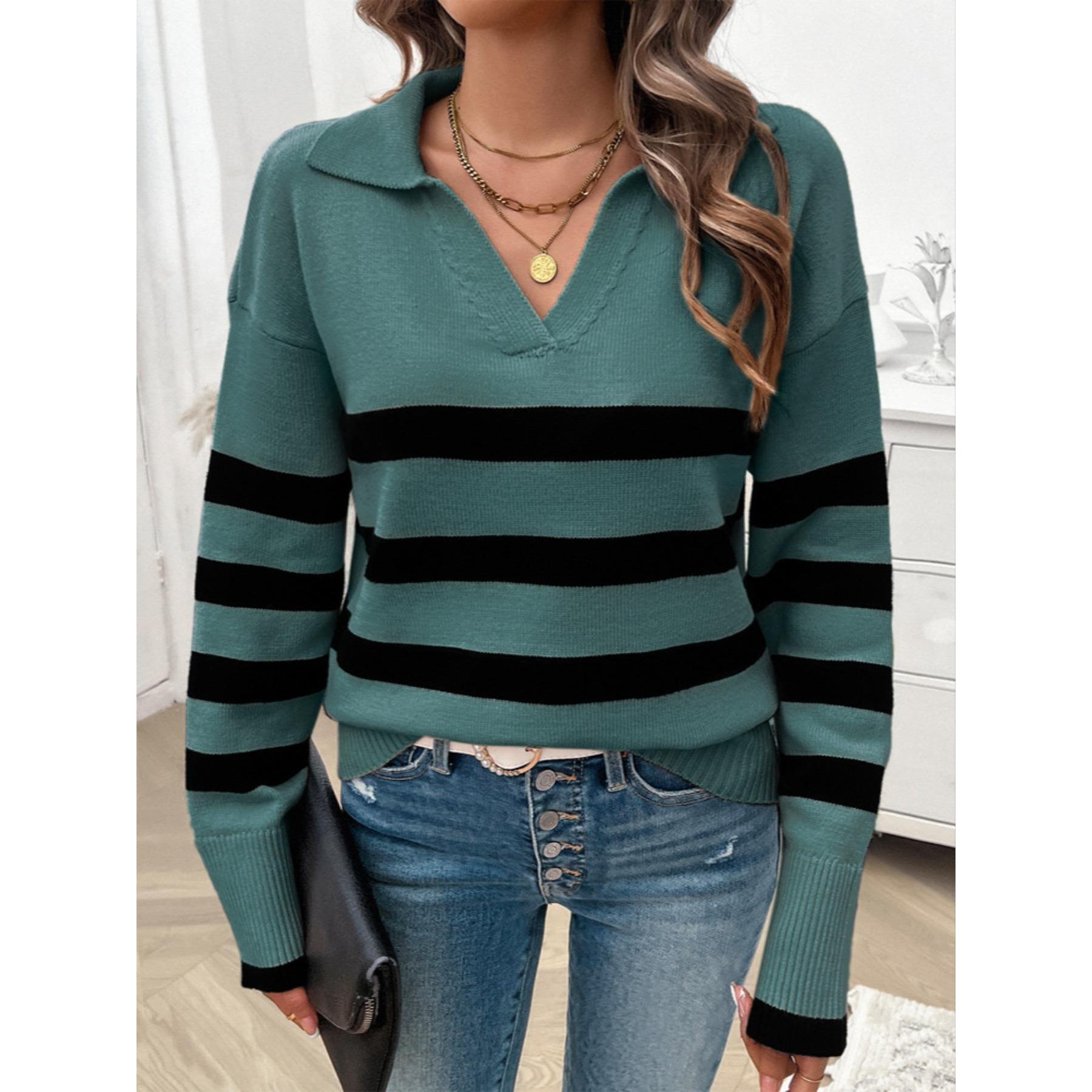 Women Polo Collar Striped Knit Sweater, Long Sleeve Color Block Loose Fit Fall Winter Casual Pullover Top