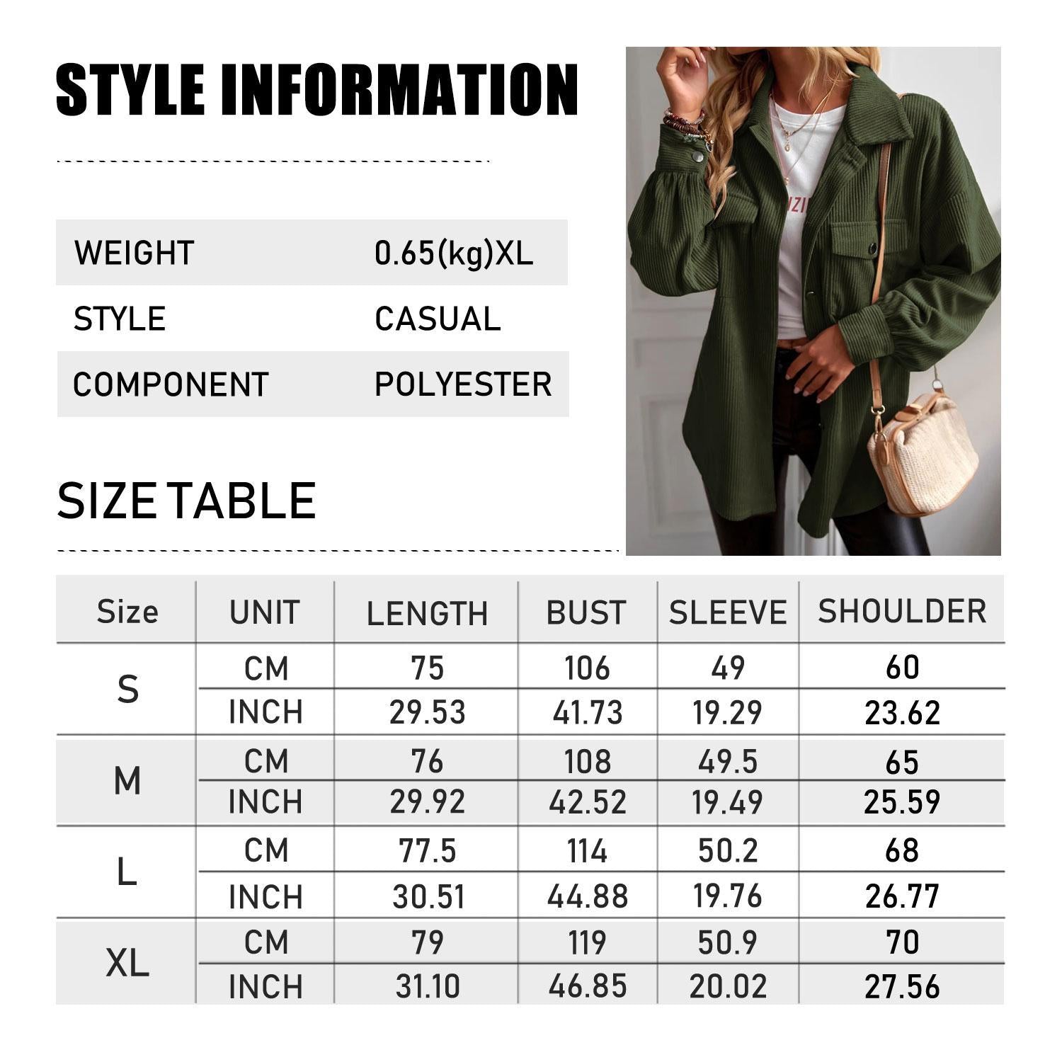 Women's Basic Plain Long Corduroy Shirt Jacket Coats - Collared Neck, Button-Down, Elegant Cuff Sleeves, Comfortable Loose Fit, Tops for Women, Office & Casual Commuter Outerwear with Elegance & Style