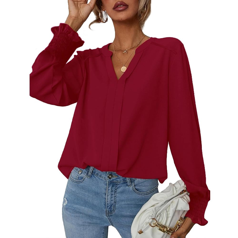 Women's V Neck Chiffon Blouse, Long Sleeve Smocked Cuff Flowy Casual Work Top, Loose Fit Dressy Shirts for Women
