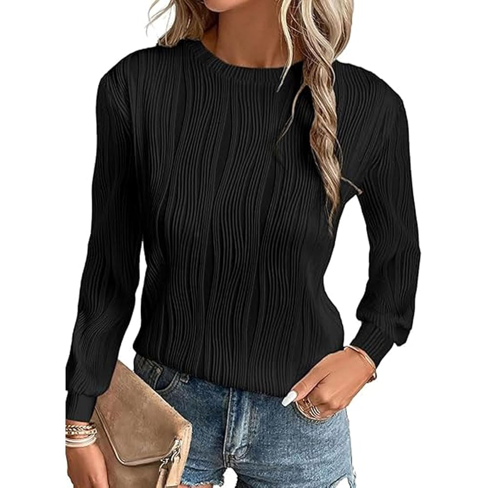 Women Wavy Textured Crew Neck Long Sleeve Top, Casual Lantern Sleeve Loose Fit Solid Color Basic Blouse, Fall Daily Wear Shirts