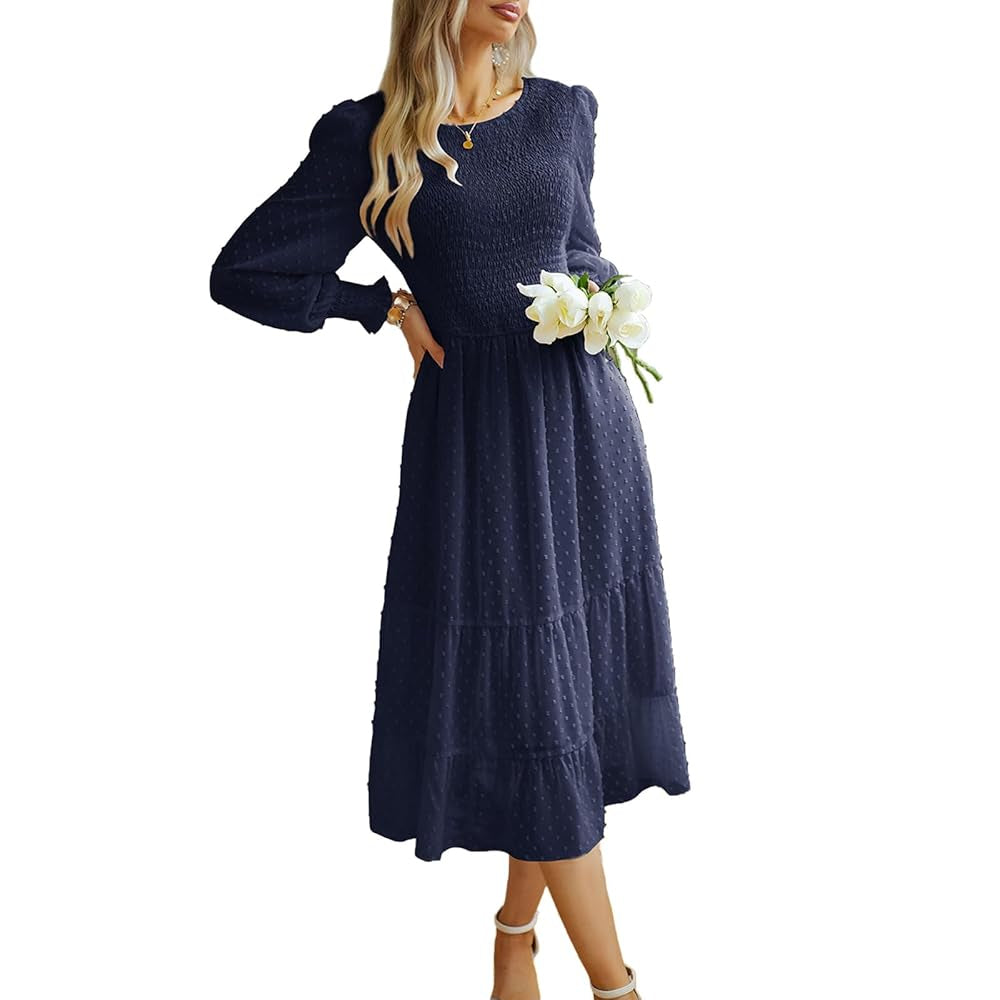 Women's Swiss Dot Long Sleeve Midi Dress - Round Neck Smocked Bodice, Tiered Flowy A-Line, Elastic Fabric, Feminine Balloon Casual Wear Dress