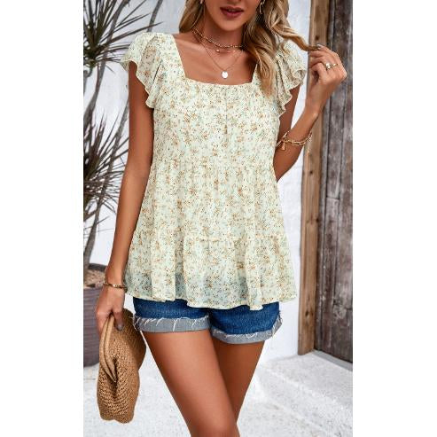 Women Ditsy Floral Square Neck Blouse Ruffle Cap Sleeve Tiered Flowy Babydoll Top Casual Summer Vacation Chiffon Shirt