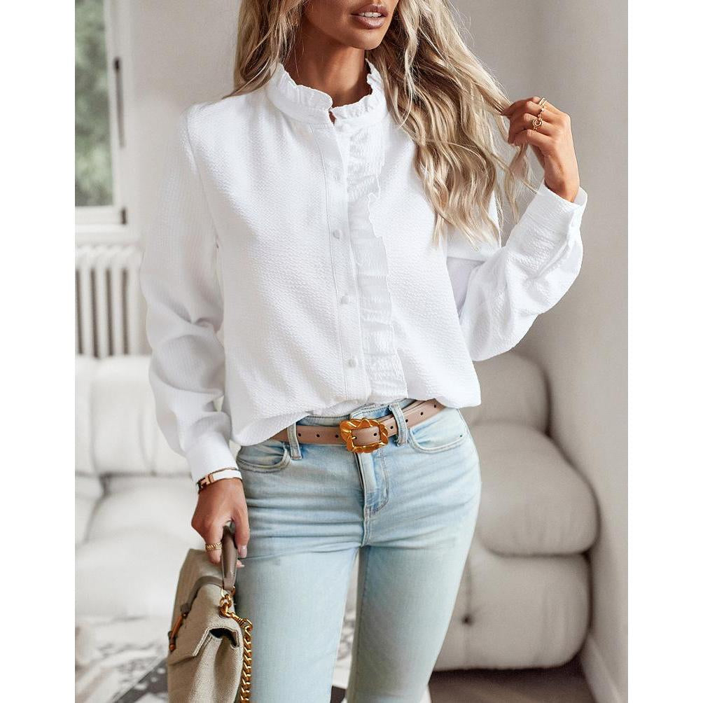 Women's Grey Striped Ruffle Blouse - Long Sleeve, Loose Fit, Casual Office Wear Shirt Top