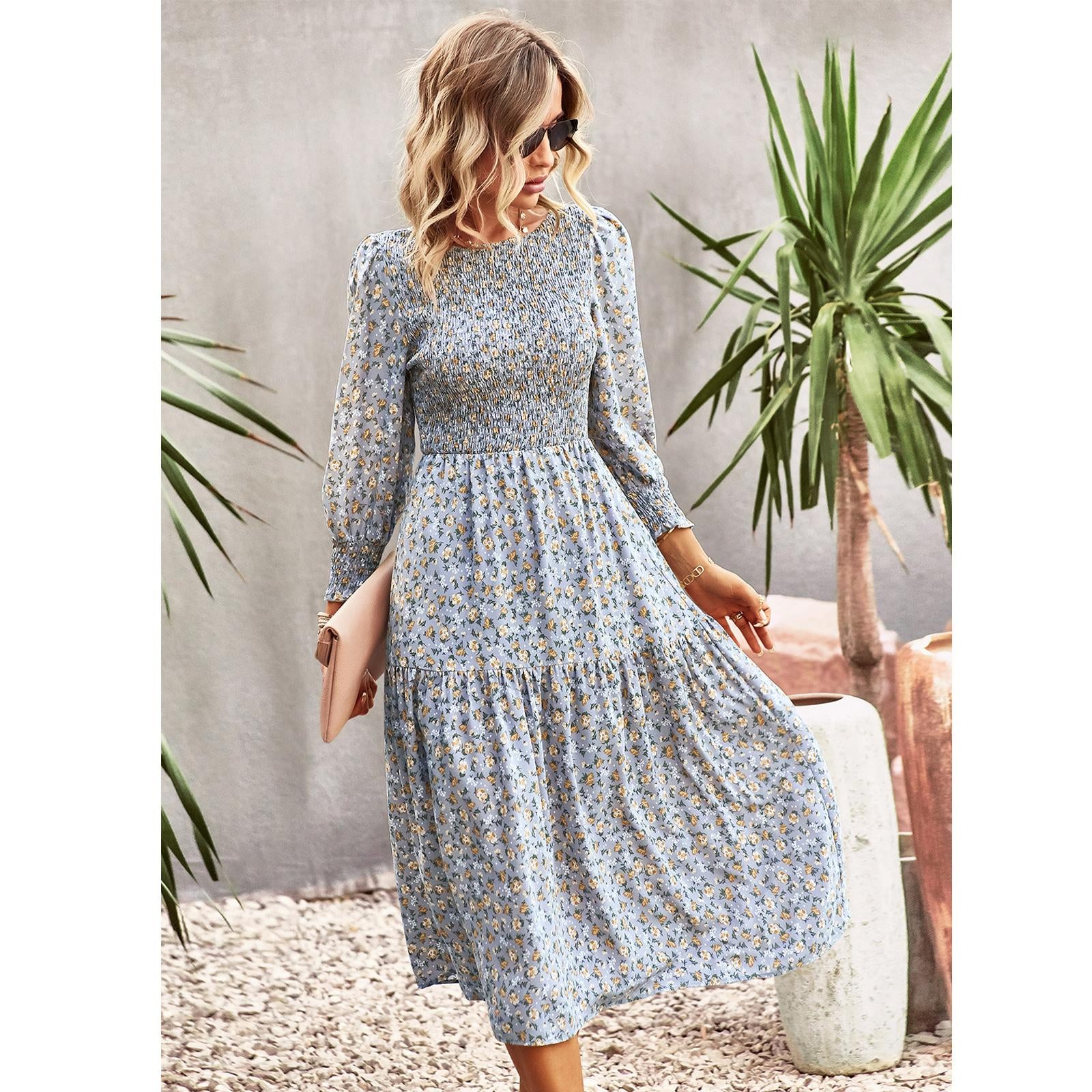 Women's Chic Traditional Colorful Flower Print Casual Boho Ruffle A-Line Mid-Length Dress - Round Neck, Shirred, Beach Wear, Womens Dresses,sohochic