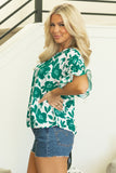 Green Floral Printed Ruffled Short Sleeve Round Neck Loose Blouse