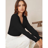 Women's V-Neck Ruffle Collar Long Sleeve Blouse, Smocked Cuff Button Down Puff Sleeve Elegant Work Chiffon Top