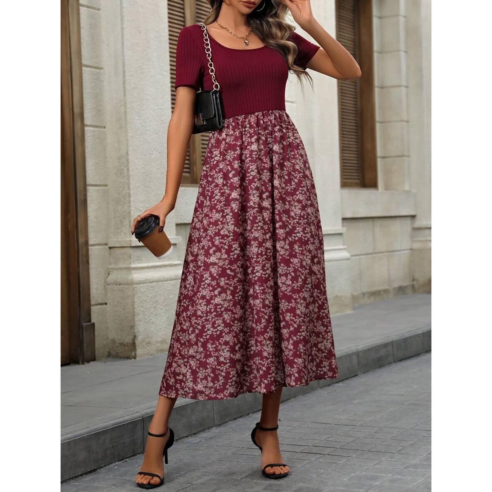Women's Square Neck Short Sleeve Ribbed Knit High Waist Flowy Boho Midi Dress - Floral Accents Casual Dresses for Daily, Holiday Wear, Women's Dresses