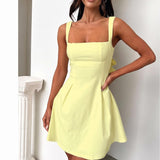 Women's Elegant Back Bow Cutout Sleeveless Square Neck Flare Mini Dress - Ideal for Date Night, Wedding Guest Dresses