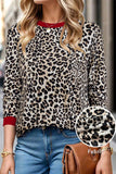 Brown Leopard Print Contrast Trim Round Neck Long Sleeve Top