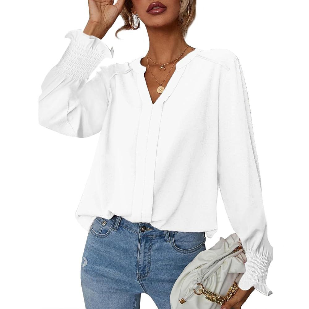 Women's V Neck Chiffon Blouse, Long Sleeve Smocked Cuff Flowy Casual Work Top, Loose Fit Dressy Shirts for Women