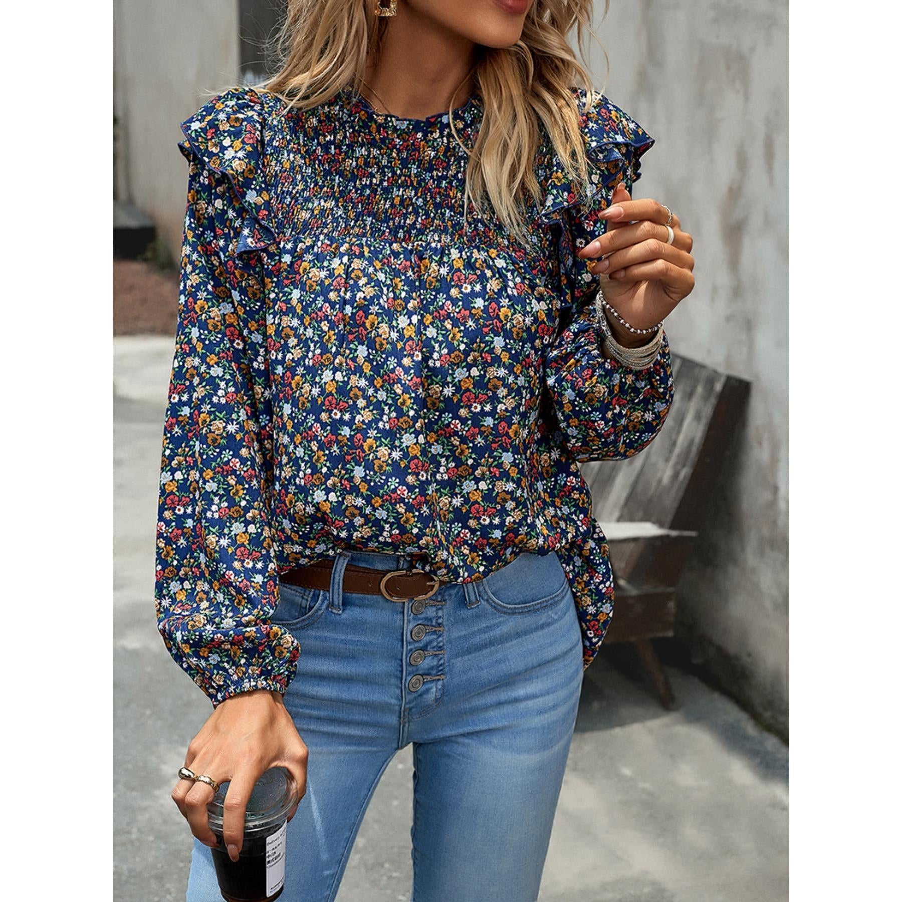 Women's Gorgeous Ditsy Floral Print Polyester Blouse - Smocked Mock Neck, Ruffle Balloon Long Sleeves, Everyday Bohemian Casual Shirt