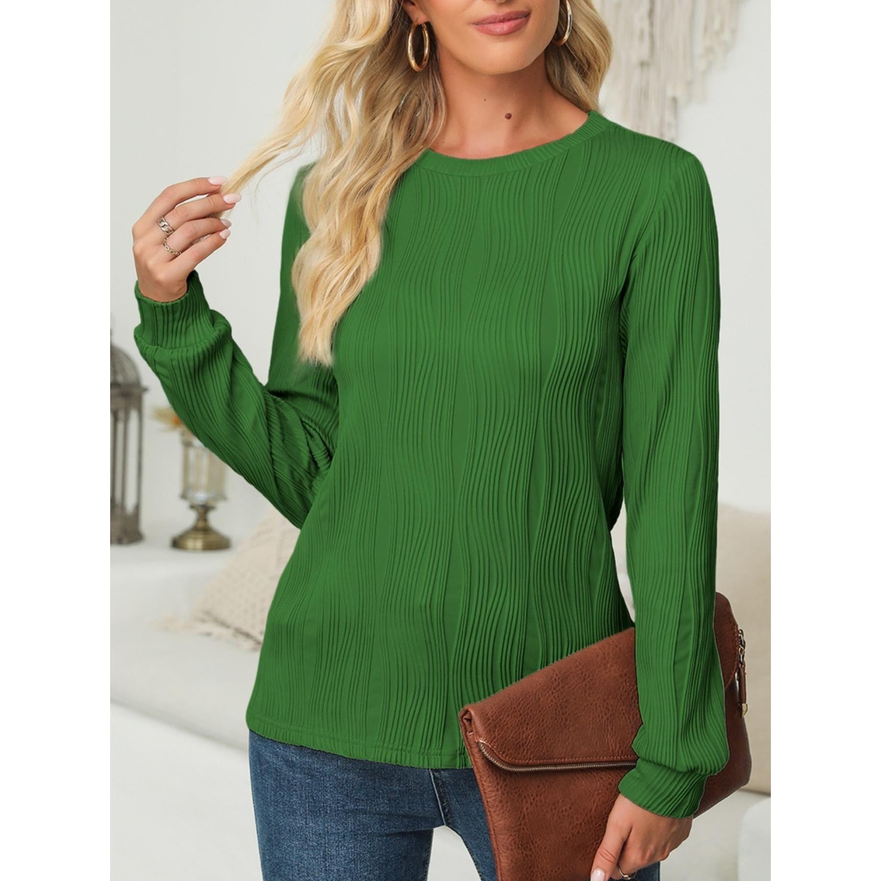 Women Wavy Textured Crew Neck Long Sleeve Top, Casual Lantern Sleeve Loose Fit Solid Color Basic Blouse, Fall Daily Wear Shirts