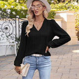 Women's V-Neck Puff Long Sleeve Denim Blouse - Basic Bohemian Style, Elastic Eyelet Embroidery, Solid Comfortable Fabric, Day-to-Everyday Feminine Casual Loose Top