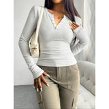 Women's Slim Fit Henley Long Sleeve Crop Top - Soft Stretchy Knit Basic Tee with Thumb Hole Cuffs, Button V-Neck - Casual Y2K Streetwear Daily Top