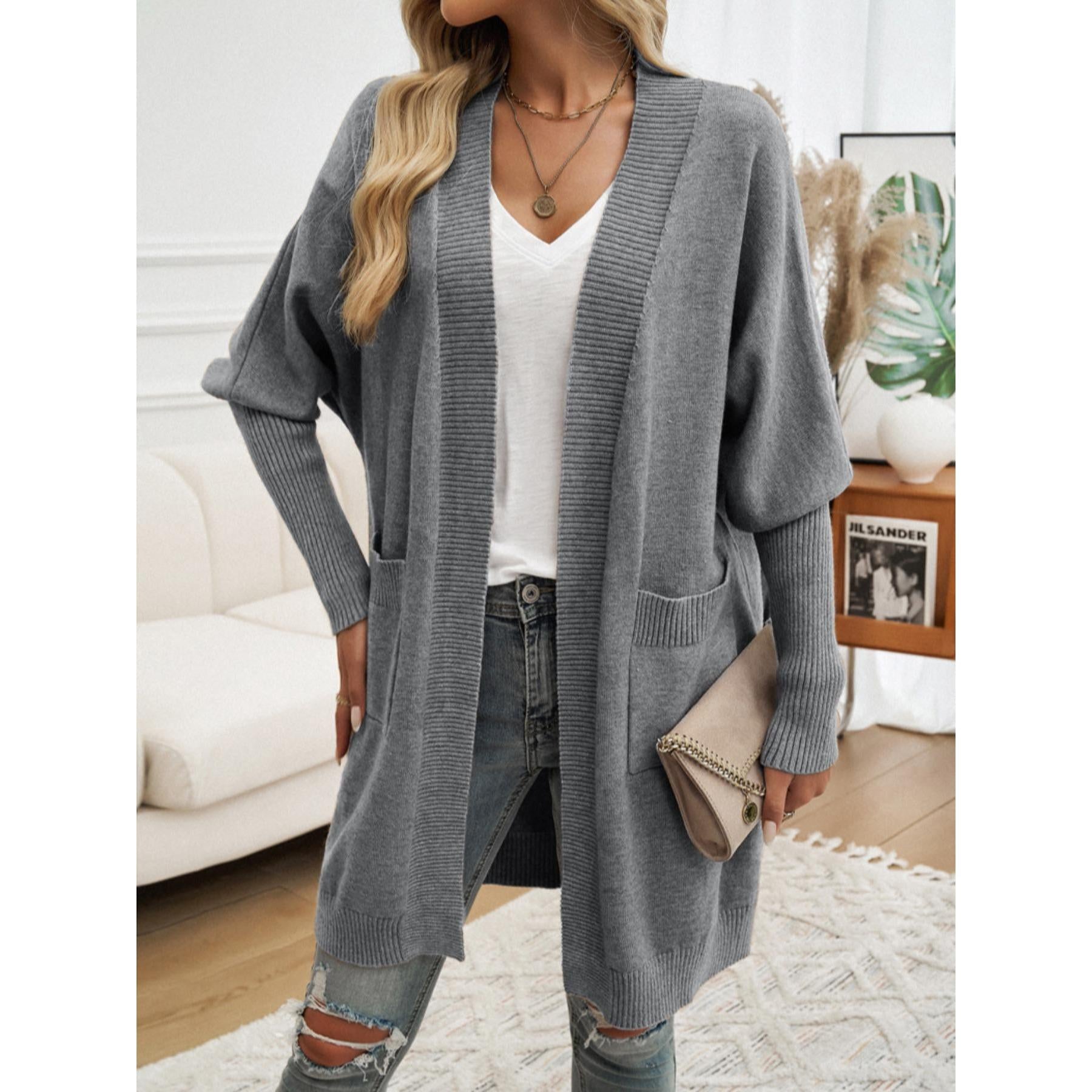 Women Long Open Front Knit Cardigan, Oversized Batwing Sleeve Sweater Coat with Pockets, Casual Loose Mid-Length Outerwear for Fall Winter