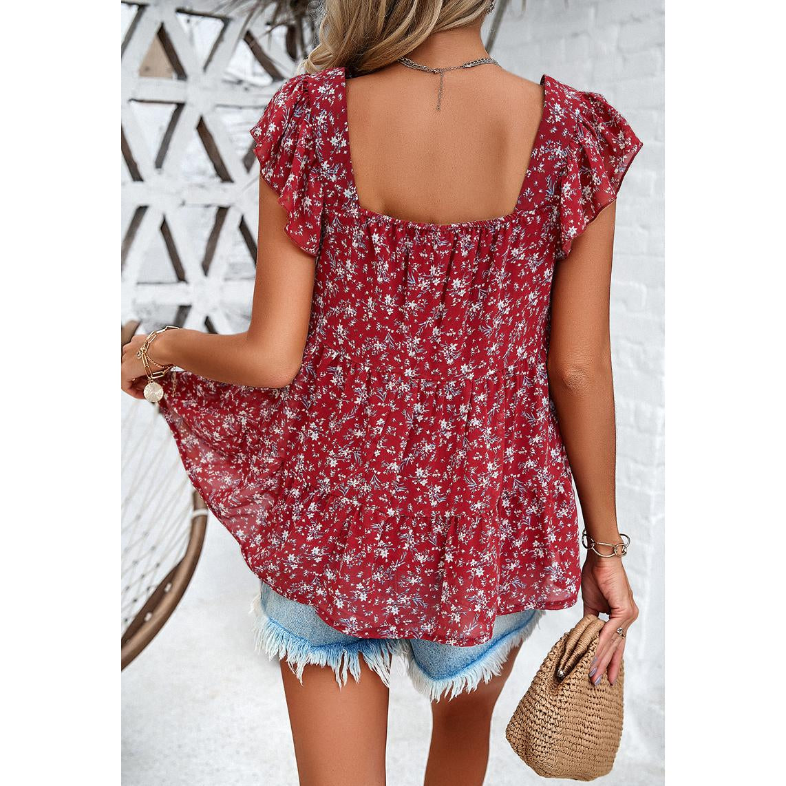 Women Ditsy Floral Square Neck Blouse Ruffle Cap Sleeve Tiered Flowy Babydoll Top Casual Summer Vacation Chiffon Shirt