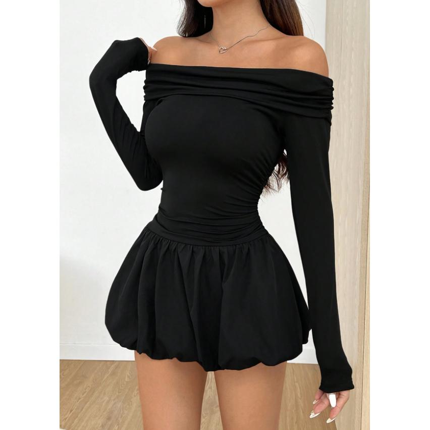 Women's Soft Elastic Off-the-Shoulder Long-Sleeve Mini Dress - Ruched Waist, Bubble Hem, Thumb Hole, Casual Sexy Party Club Wear