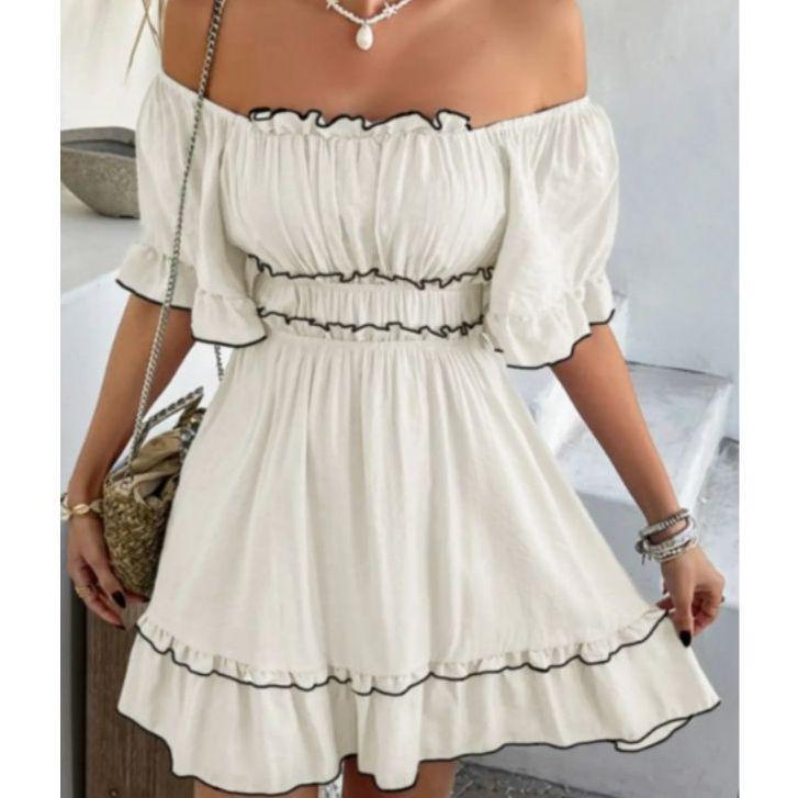 TCIFE Women's Sexy Fitted Square Neck Flutter Short Sleeve Smocked Waist A-Line Boho Tiered Cocktail Mini Dress - Breathable Fabric, Backless Open, Casual 1-Piece Vacation Party Black Clothing
