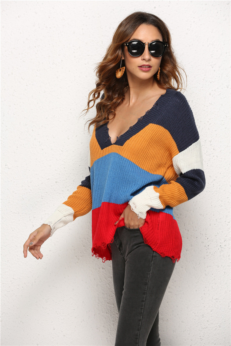 Women's Splicing Sweater V-neck Knitted Sweater