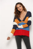 Women's Splicing Sweater V-neck Knitted Sweater