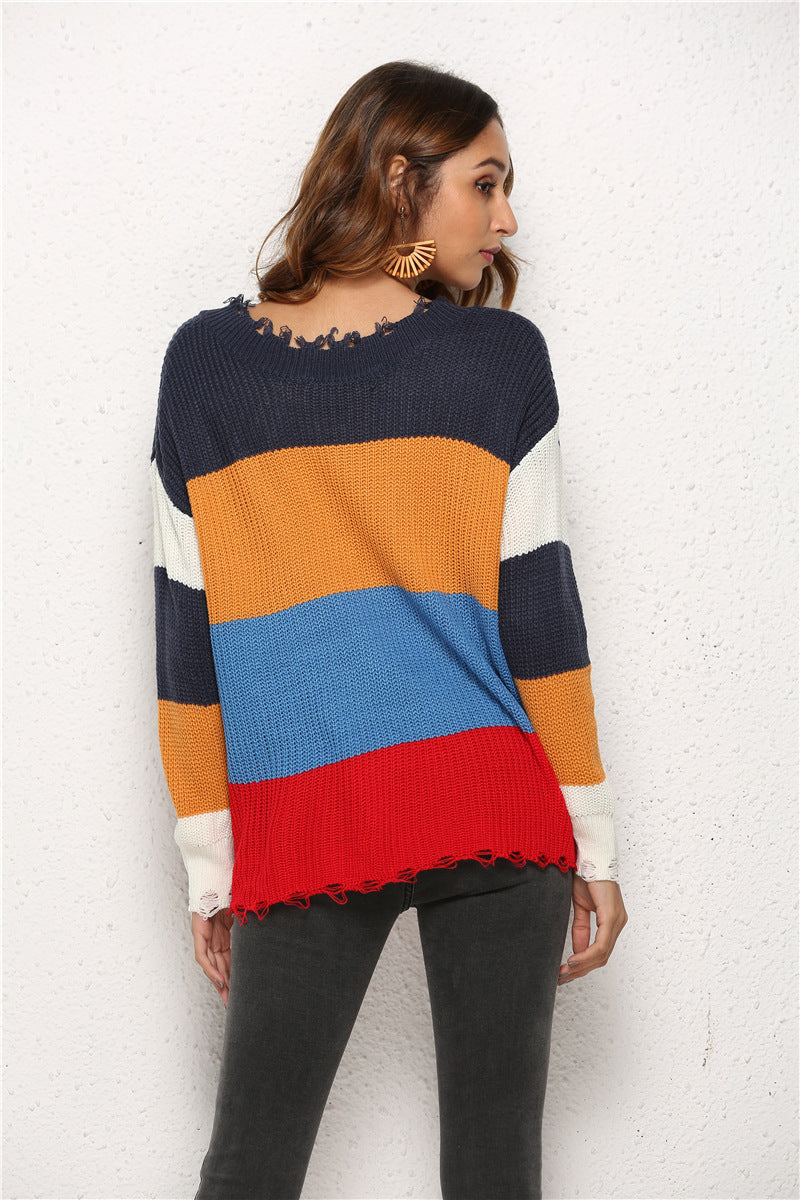 Women's Splicing Sweater V-neck Knitted Sweater