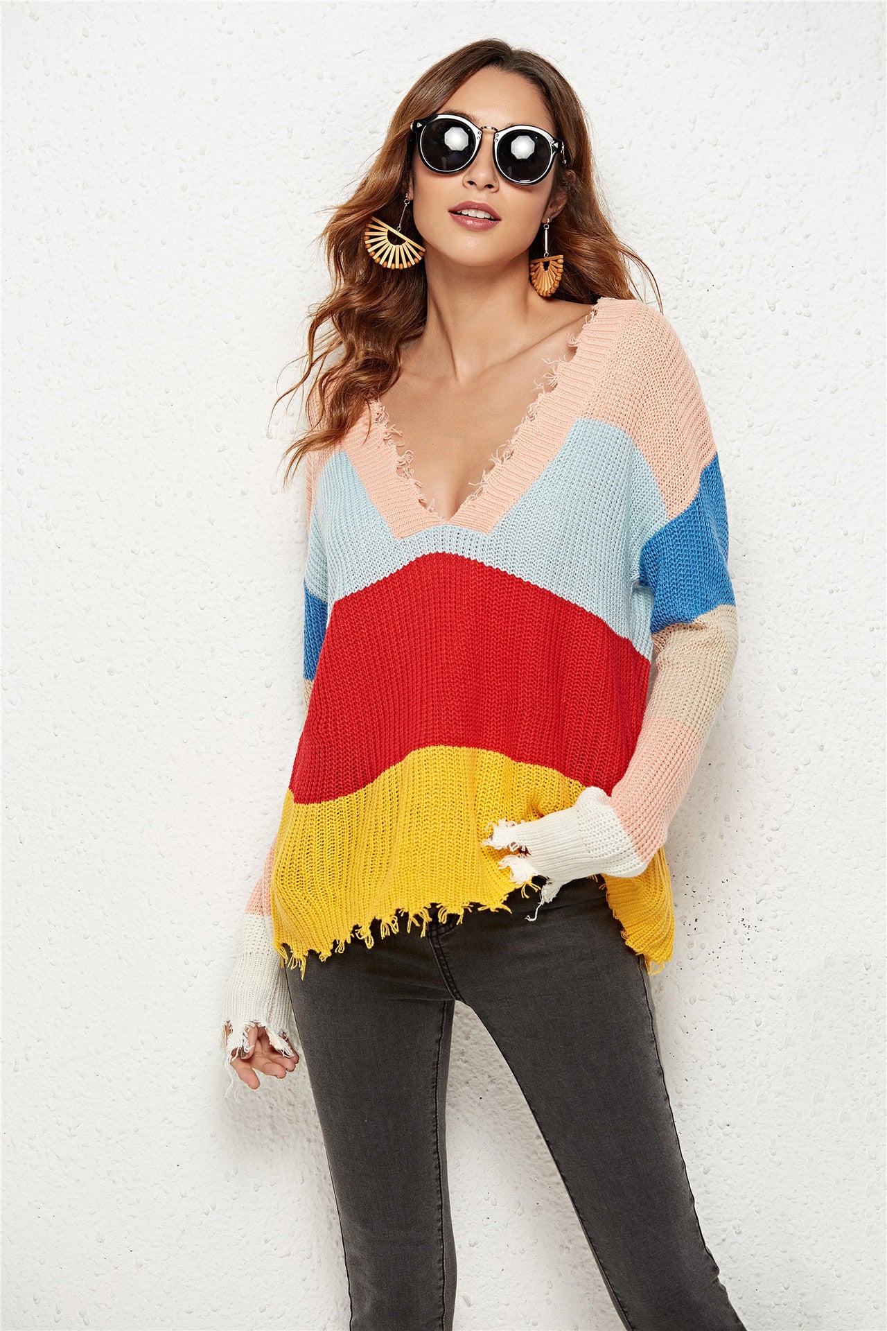 Women's Splicing Sweater V-neck Knitted Sweater