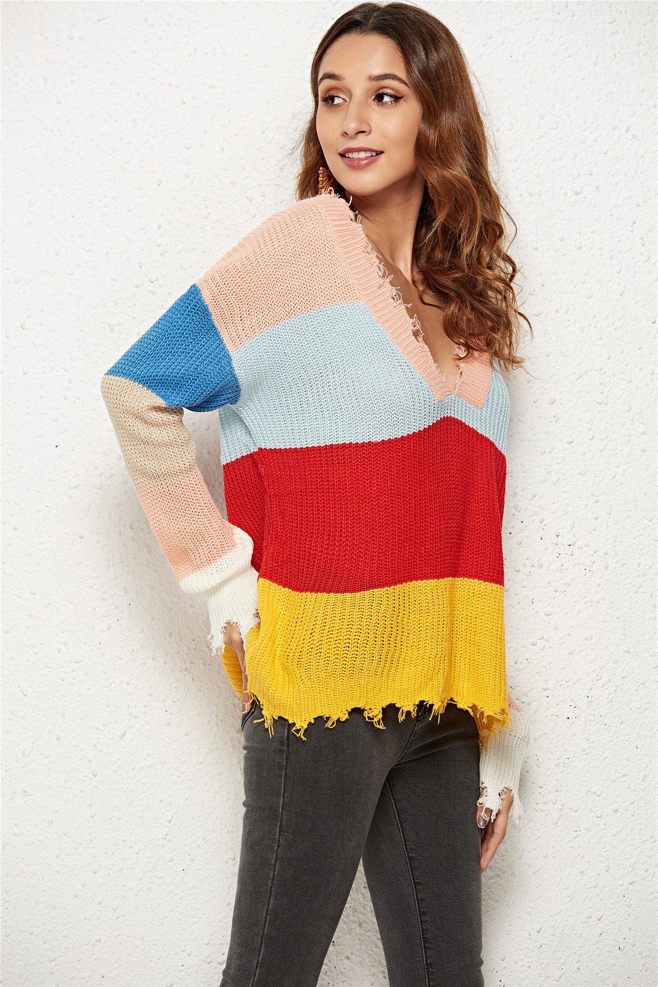 Women's Splicing Sweater V-neck Knitted Sweater