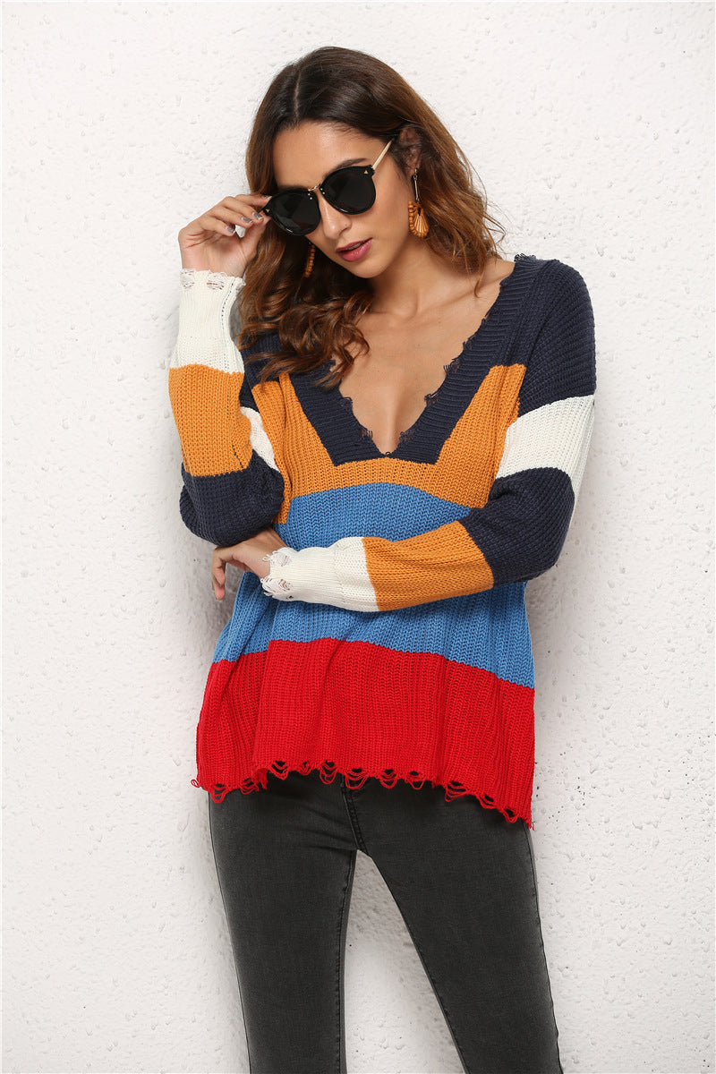 Women's Splicing Sweater V-neck Knitted Sweater