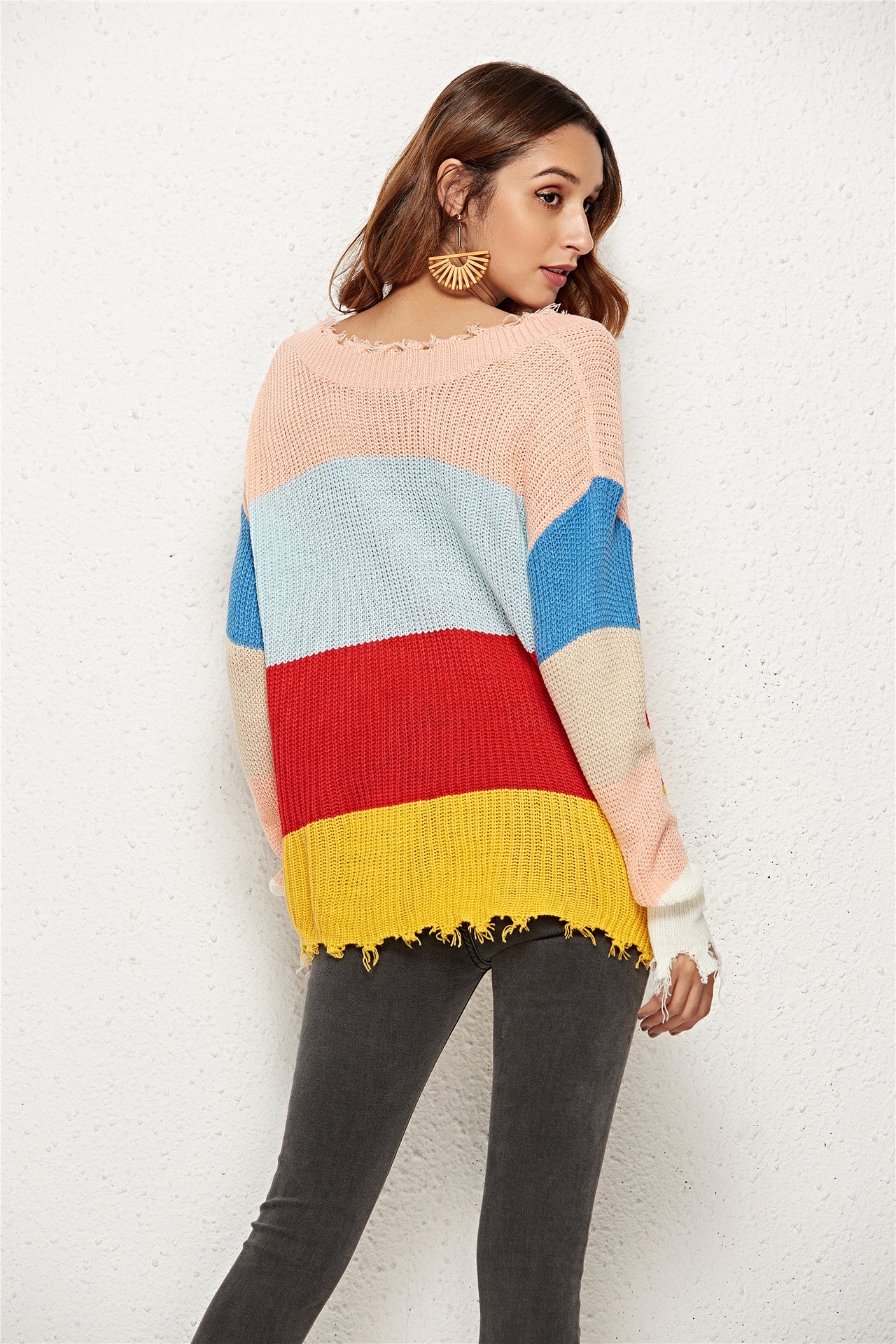 Women's Splicing Sweater V-neck Knitted Sweater