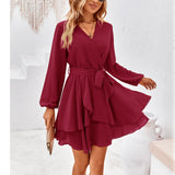Women's Breathable Chic V-Neck Wrap Lantern Long-Sleeve Chiffon Dress - Belt Tie Waist, Layered Ruffle A-Line Mini Dress for Day, Evening, Casual Cocktail Occasions (Emerald Option Available)
