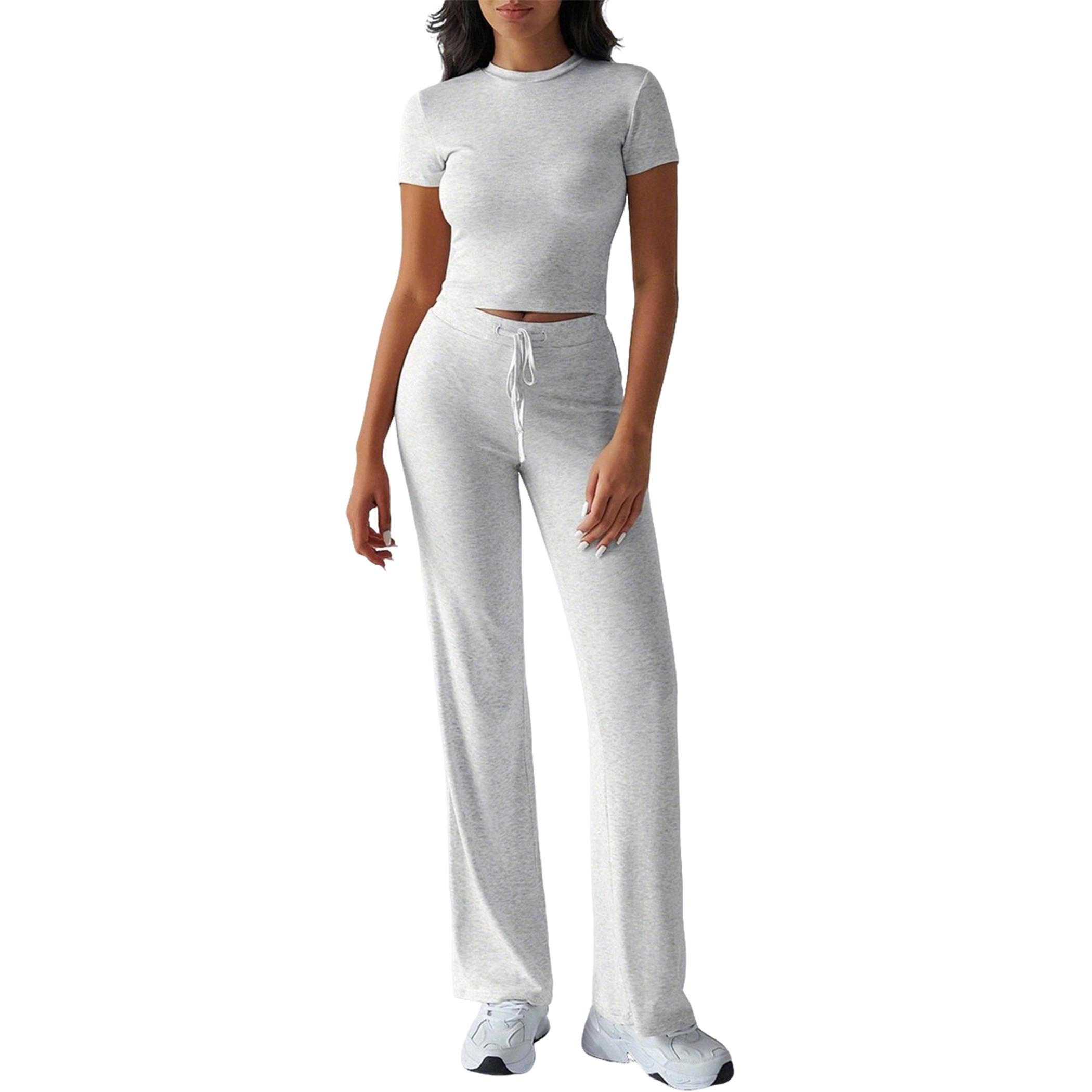 Women's 2-Piece Casual Tracksuit, Short Sleeve Crop Top & High Waist Flare Pants, 2 Piece Sets Women