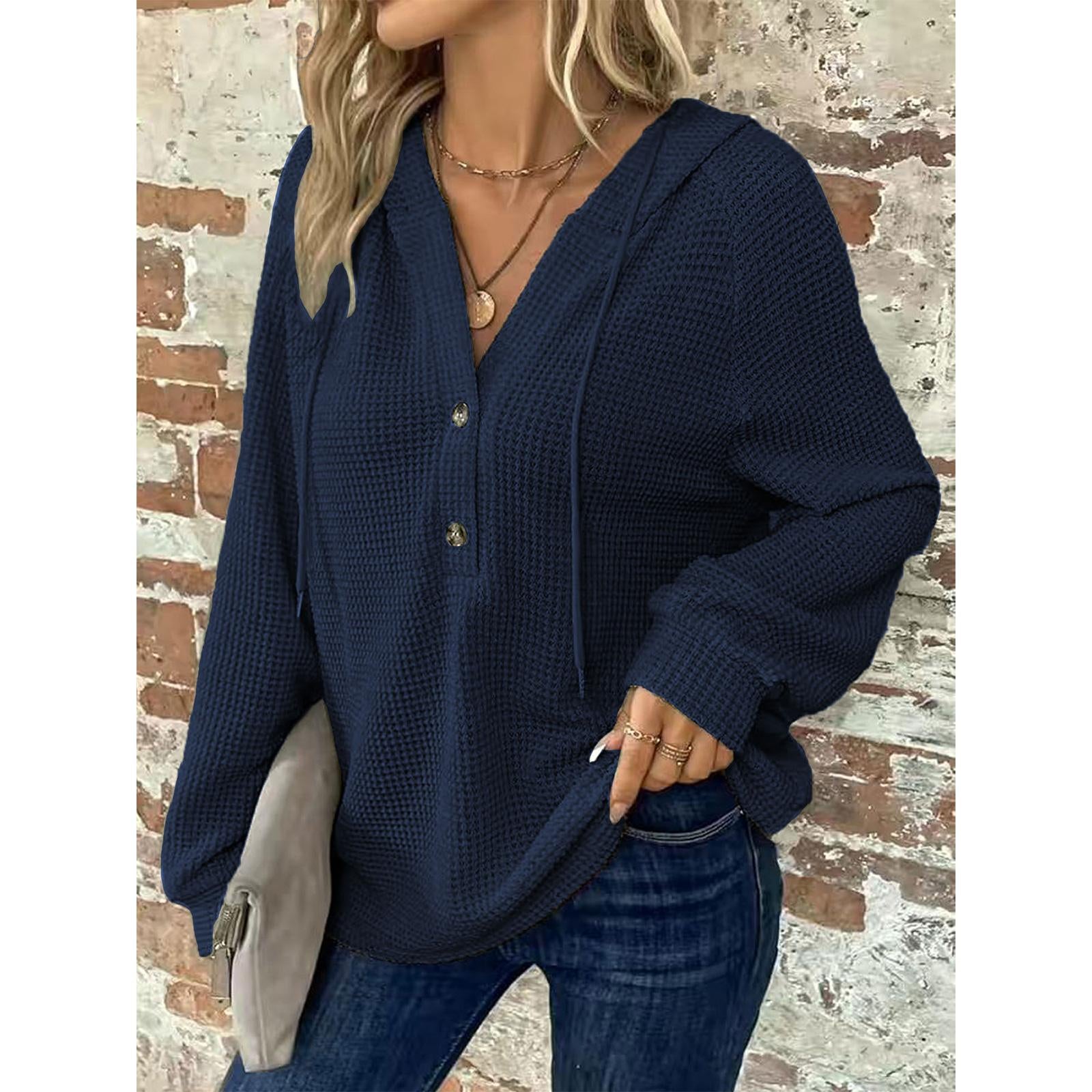 Women's Waffle Knit Henley Hoodie Long Sleeve Drawstring Button V Neck Casual Loose Fit Basic Tops