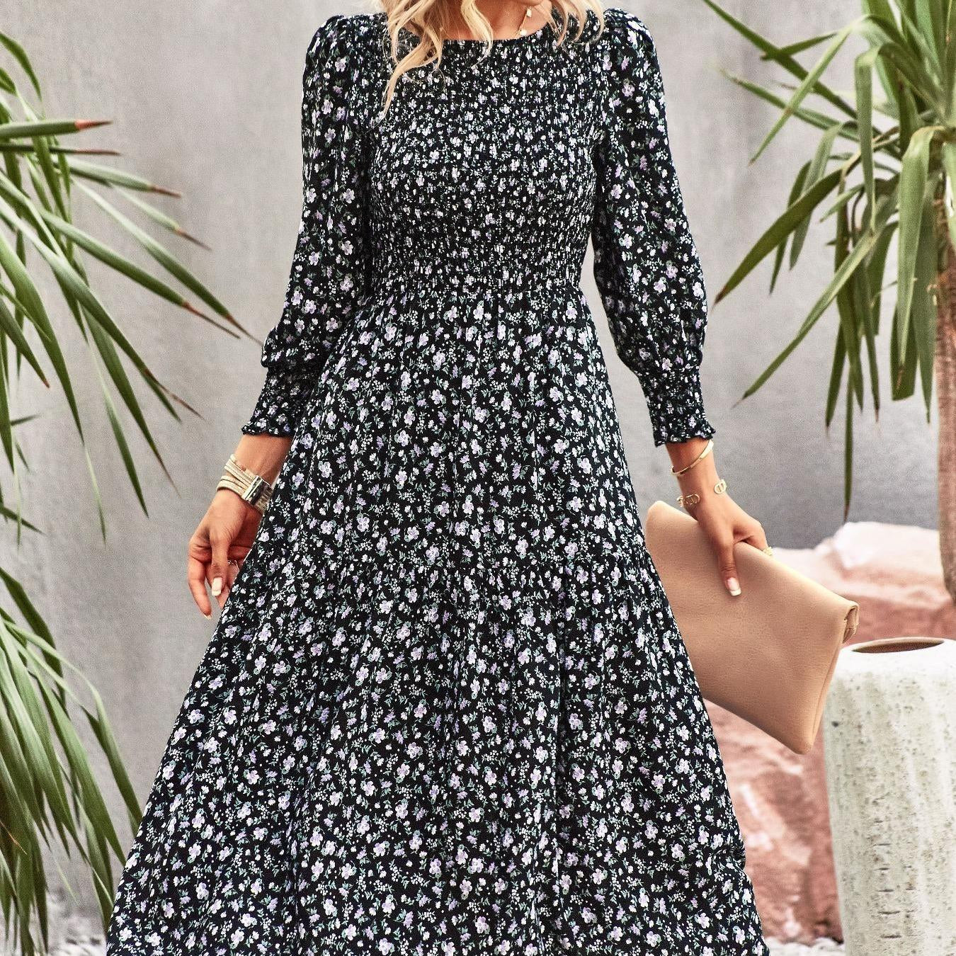 Women's Chic Traditional Colorful Flower Print Casual Boho Ruffle A-Line Mid-Length Dress - Round Neck, Shirred, Beach Wear, Womens Dresses,sohochic