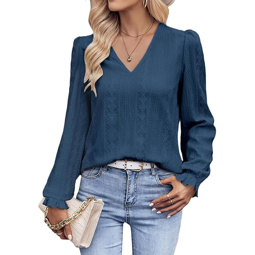 Women's V-Neck Puff Long Sleeve Denim Blouse - Basic Bohemian Style, Elastic Eyelet Embroidery, Solid Comfortable Fabric, Day-to-Everyday Feminine Casual Loose Top