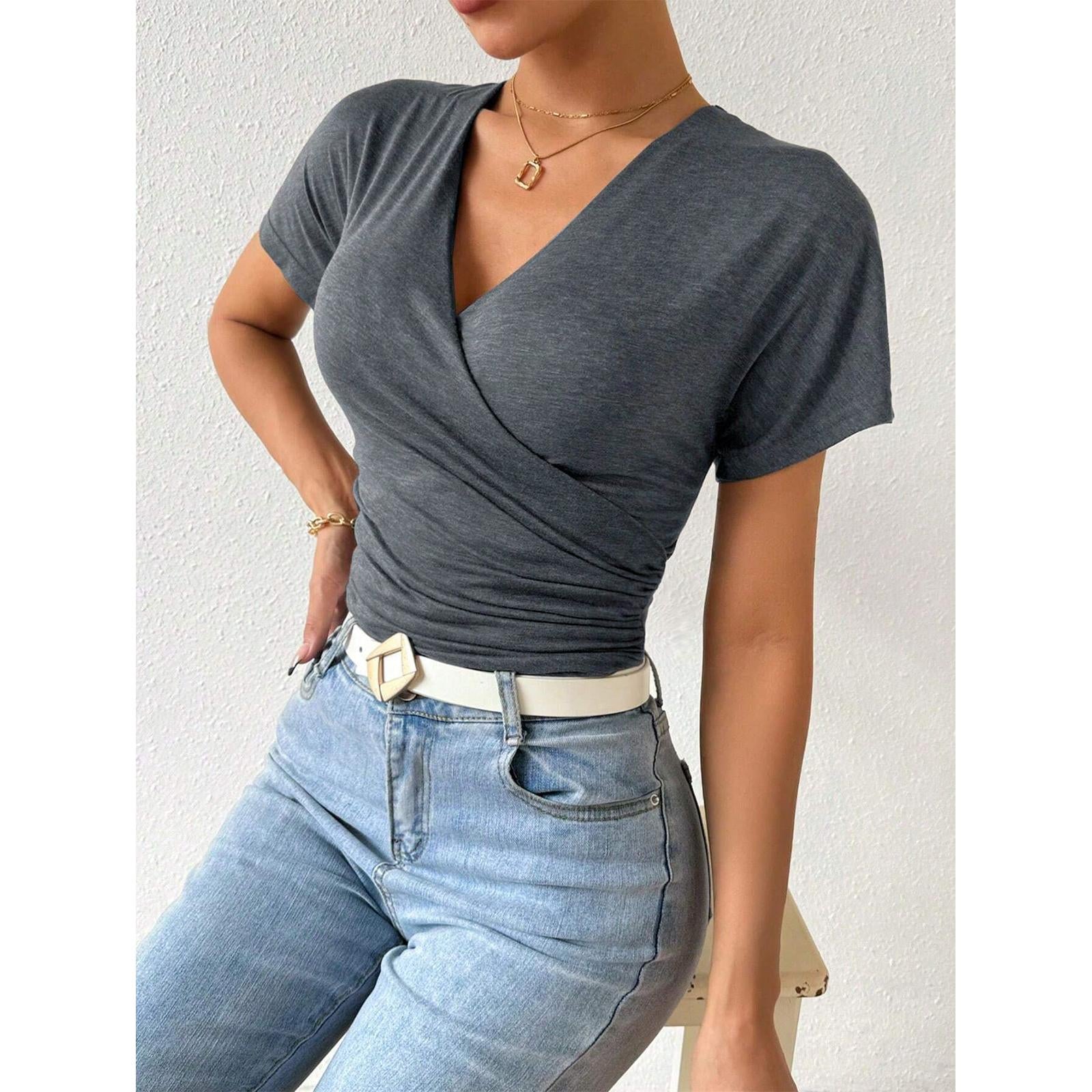 Women Surplice Wrap V Neck Short Sleeve Top, Ruched Waist Slim Fit Casual Solid Color Tee, Summer Elegant T Shirt Blouse for Daily Outing