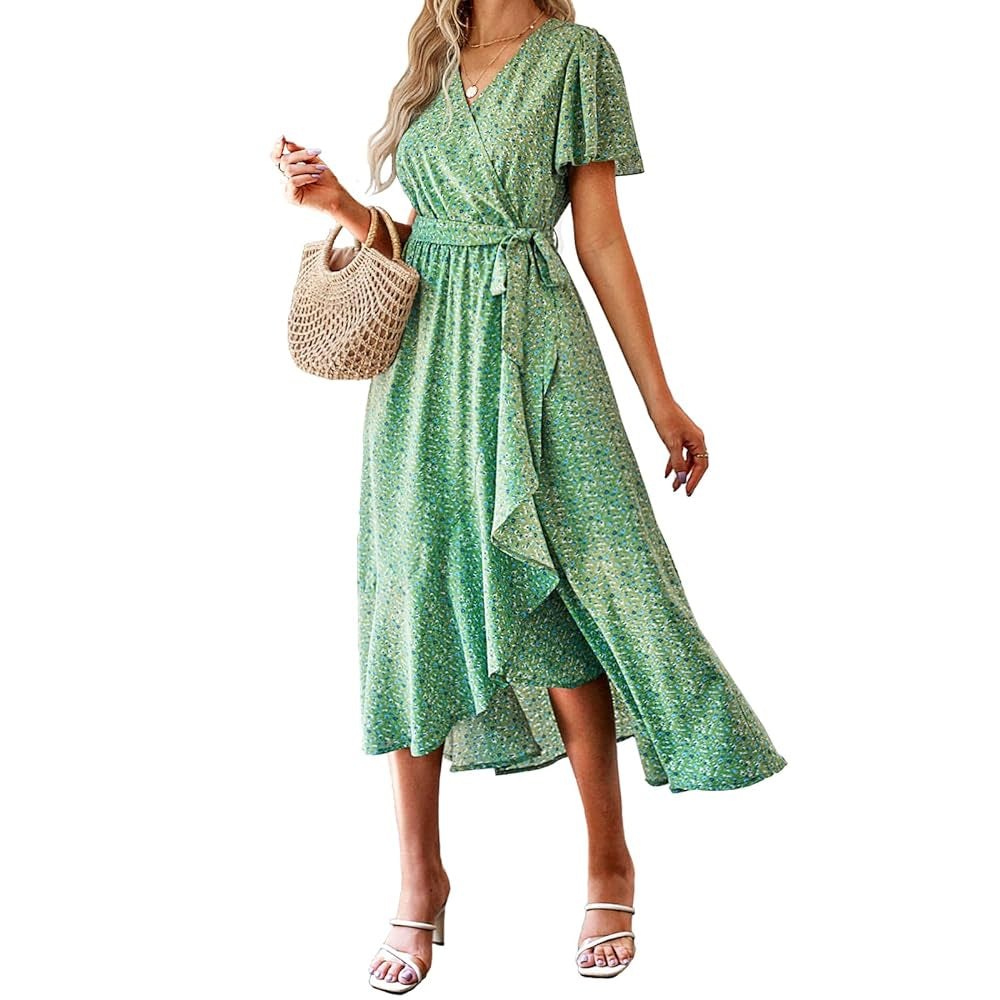 Women's Fitted V-Neck Floral Wrap Casual Midi Dress - Flutter Short Sleeves, Tie Waist, Irregular Ruffle Hem, Gorgeous Bohemian Fabric for Summer Beach Wear