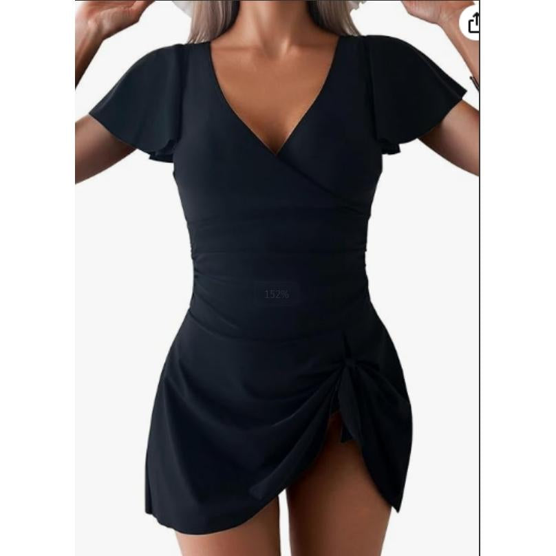 Women's V-Neck Flounce Short-Sleeve Tummy-Control Ruched-Waist Modest 1-Piece Swim Dress, Swimsuit for Women, Ideal for Beach & Pool