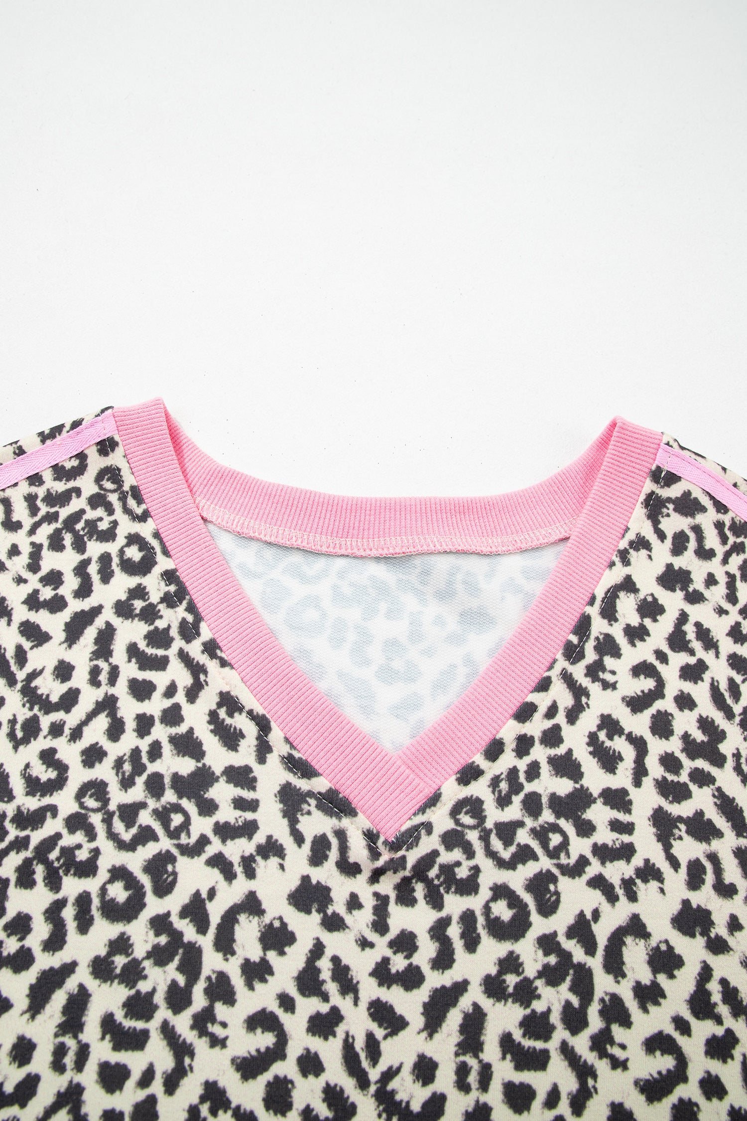 White Contrast V Neck Varsity Short Sleeve Leopard Top