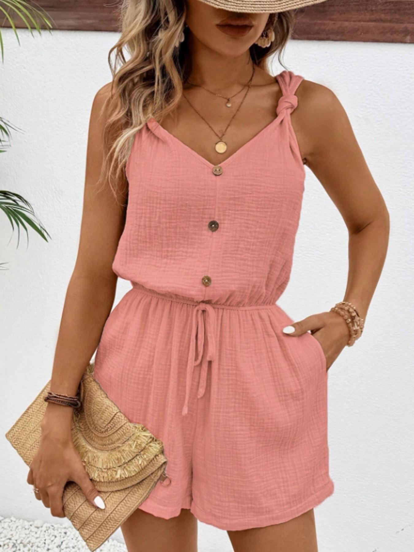 Women's Sleeveless Fitted Crinkle Breathable Romper - Adjustable Elastic Waist, Knot Spaghetti Straps, V-Neck, Drawstring, Button, Pockets, Beach Summer Casual Outdoor Shorts Jumpsuit