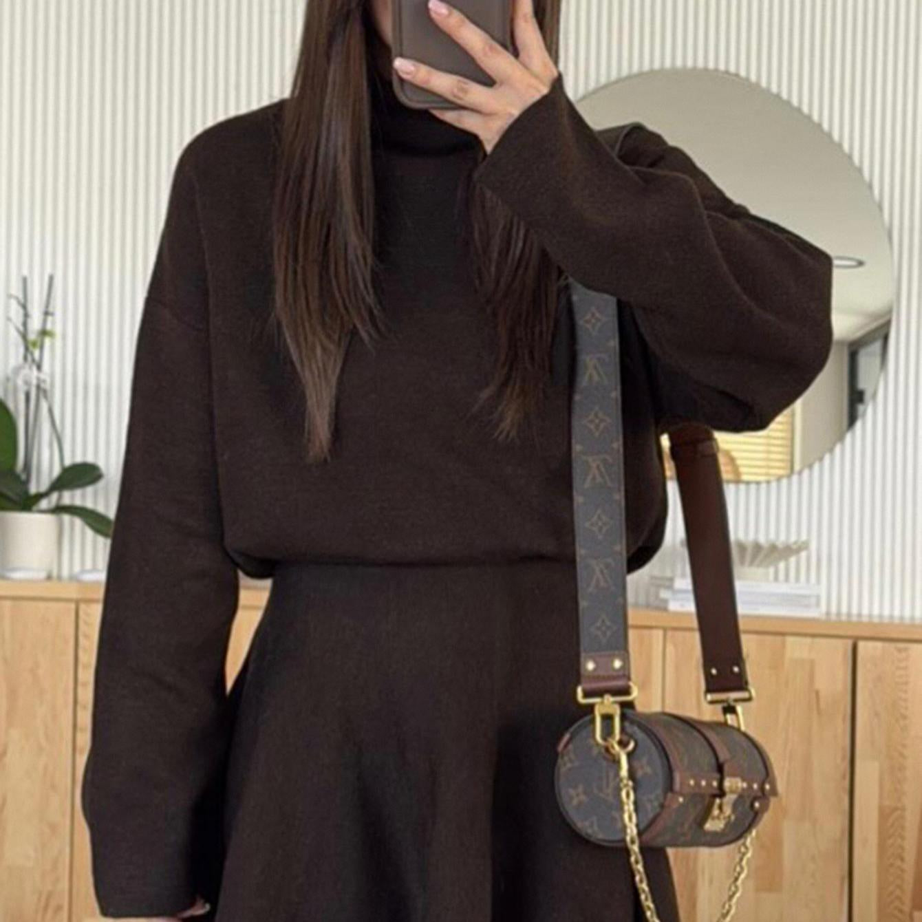 Women's Feminine Elegant 2-Piece Turtleneck Knit Outfit Set - Oversized Long Sleeve Soft Basic Sweater Top, High Waist Flared Mini Skirt for Fall Winter Casual Wear