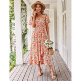 Women's Fitted V-Neck Floral Wrap Casual Midi Dress - Flutter Short Sleeves, Tie Waist, Irregular Ruffle Hem, Gorgeous Bohemian Fabric for Summer Beach Wear